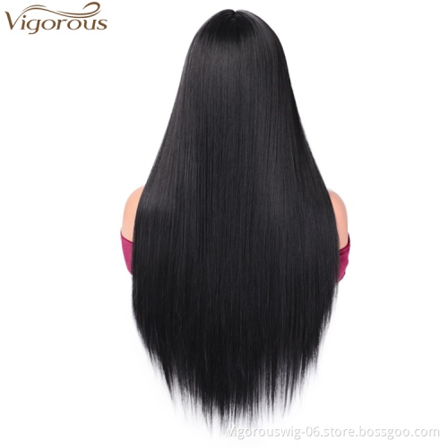 Vigorous 28 Inches Glueless Black Long Silky Straight Middle Part Wig With Bangs Frontal Lace Synthetic Hair Wig